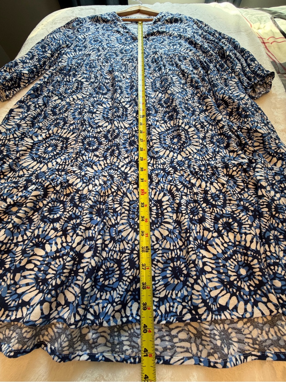 Olsen XL/16 Blue Floral Batik 3/4 Sleeve Swing V-Neck Tunic Dress Boho Resort - Picture 8 of 11